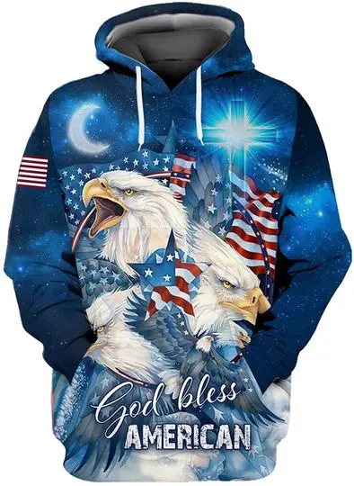 American Flag With Bald Eagle And Cross In Galaxy 3D Hoodie