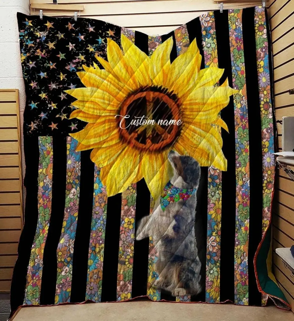 Hippie Australian Shepherd Custom Quilt For Dog Lovers and Home Decor