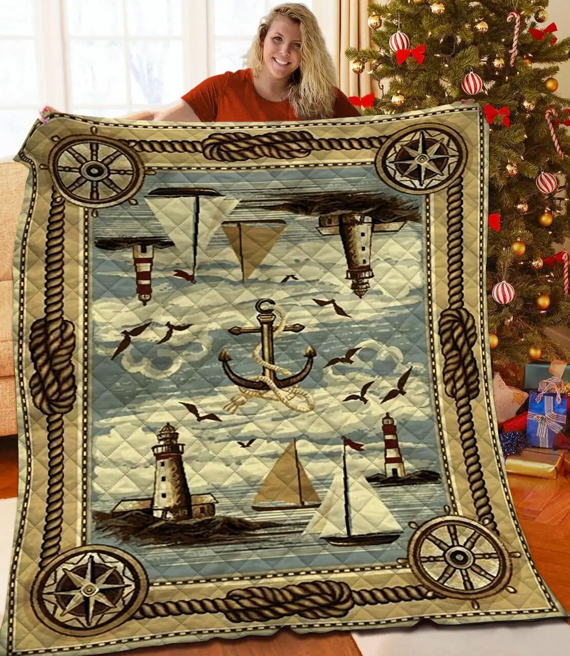 Anchor Sailboat Lighthouse Jfj Quilt Bl and Home Decor