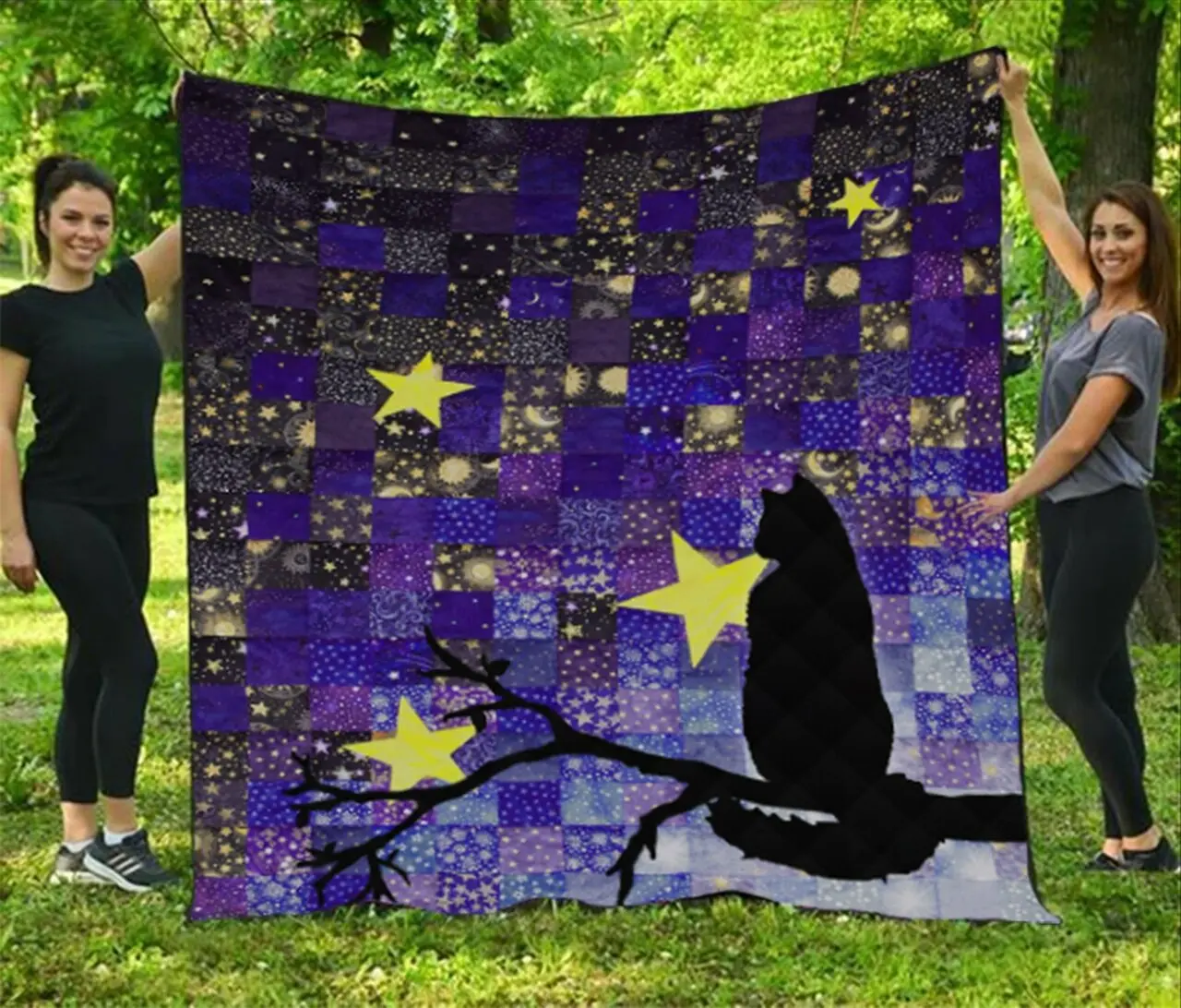 Black Cat In Night Quilt Blanket Quilt and Home Decor