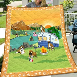 Boxer Go Camping Quilt Quilt and Home Decor