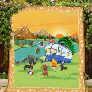 Camping Dachshund Quilt Blanket and Home Decor