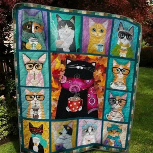 Cat And Multi Coffee Quilt Blanket Quilt and Home Decor