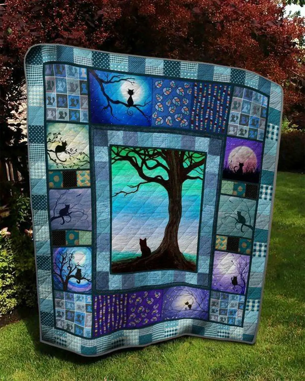 Cat Sit Under The Tree Quilt Blanket Quilt and Home Decor
