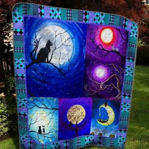 Cat Under Moonlight Quilt Blanket Quilt and Home Decor