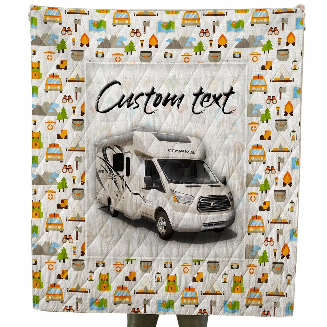 Custom Text Camping Themed Class B Motor Home Quilt For Campers and Home Decor