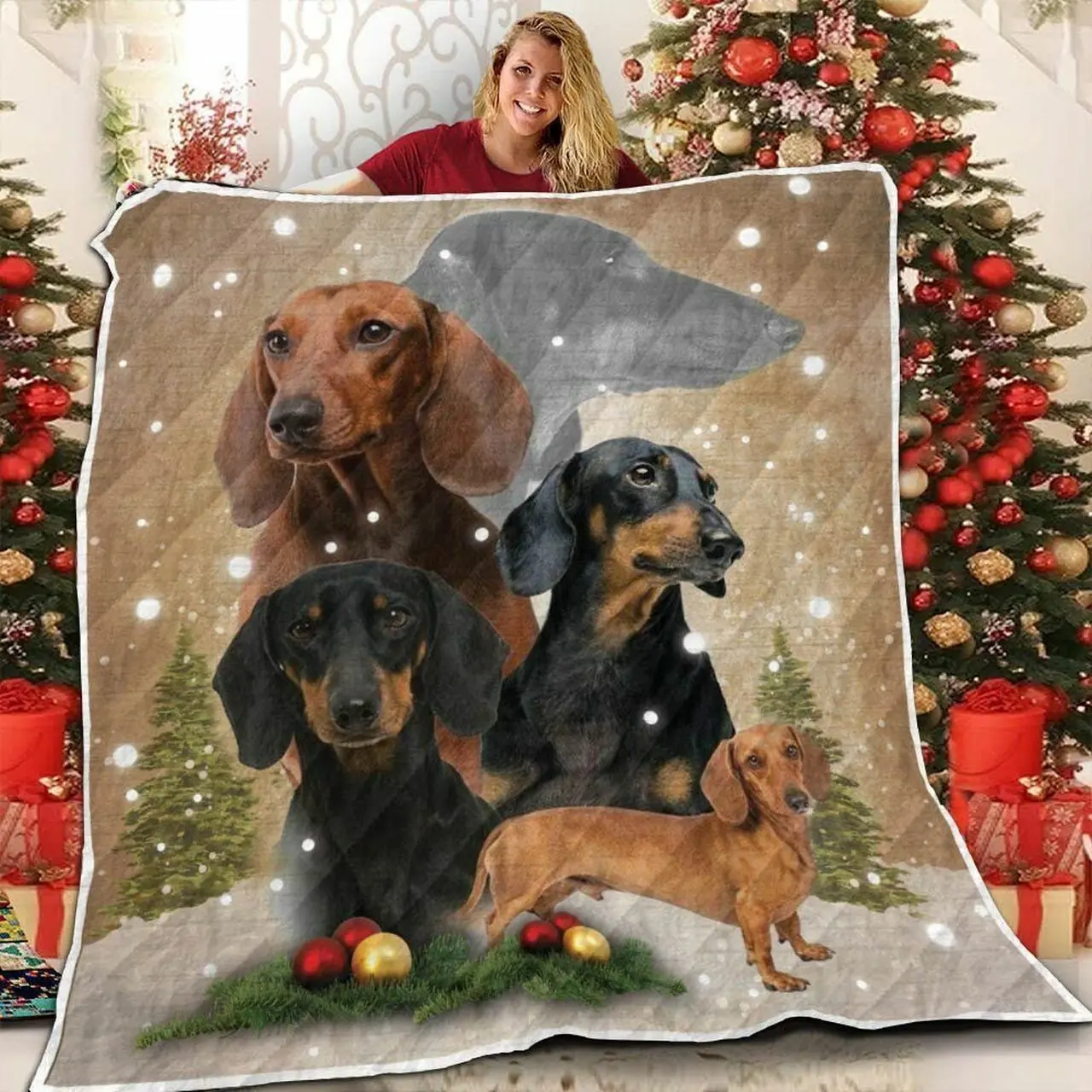Dachshund Xmas Vintage 3D Customized Quilt and Home Decor