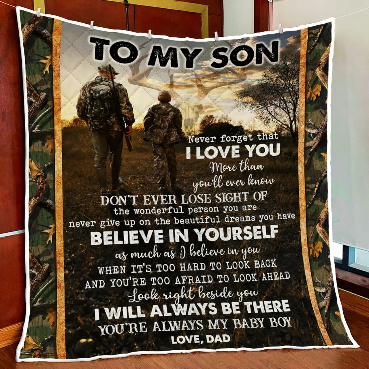 Dad To Son Deer Hunting Quilt Blanket and Home Decor