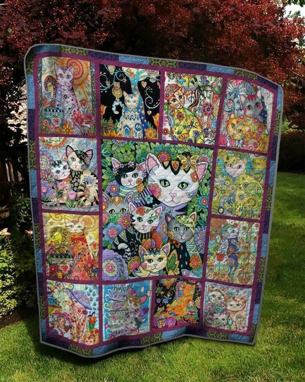Family Cat Flower Pattern Quilt Blanket Quilt and Home Decor