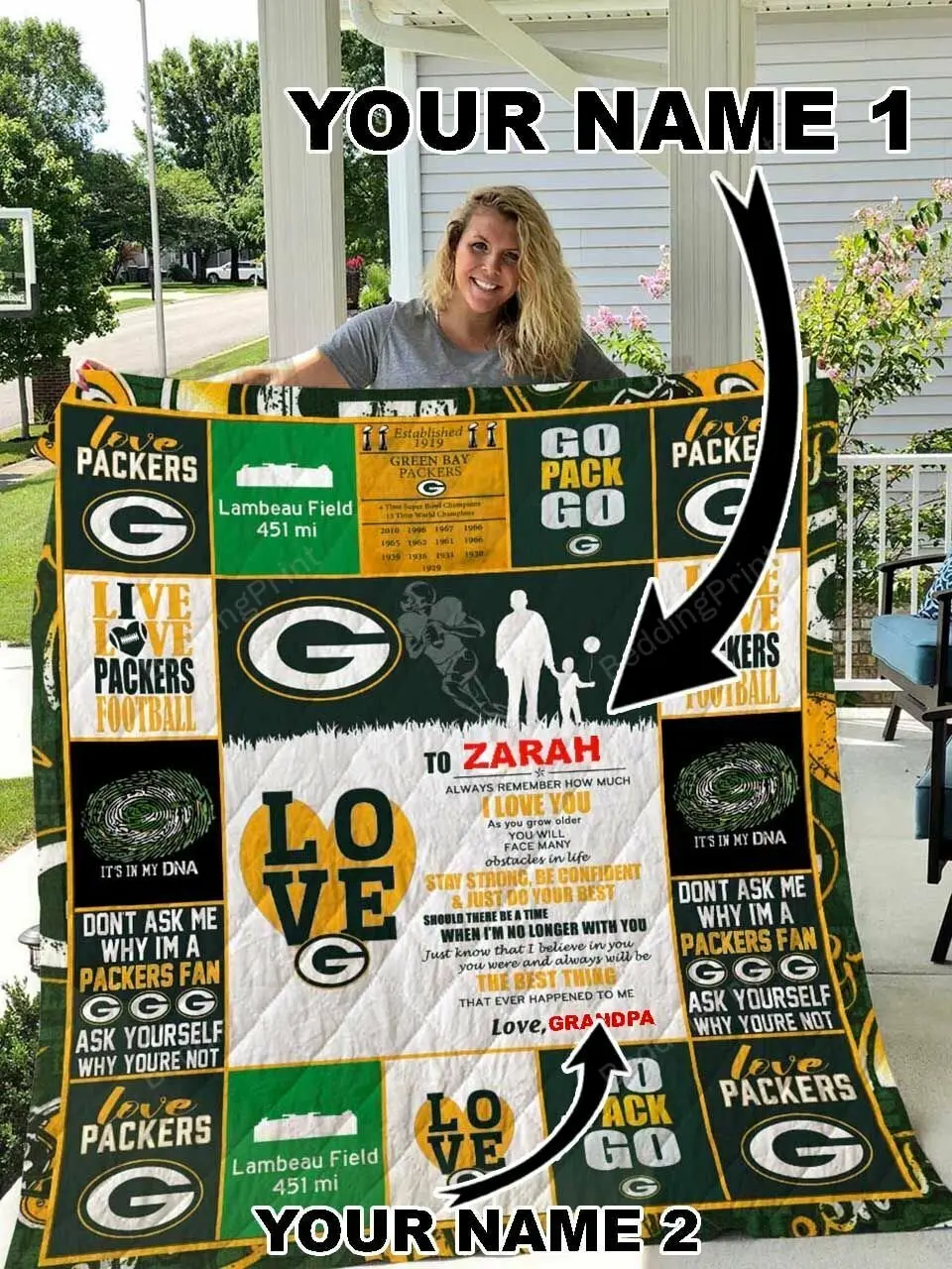 Green Bay Packers Personalized Name Quilt Blanket and Home Decor