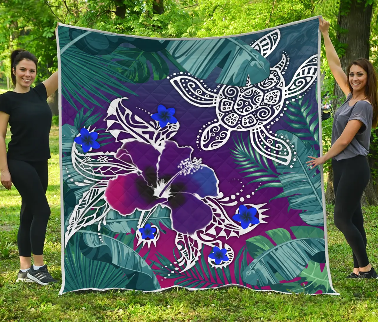 Hawaii Turtle Flowers And Palms Retro Quilt and Home Decor