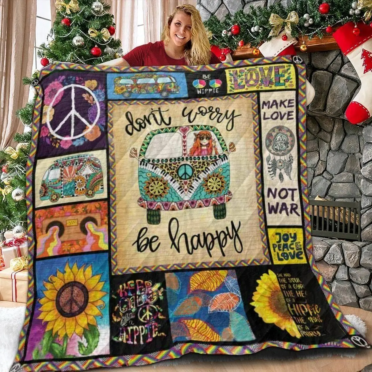 Hippie Be Happy 3D Customized Quilt and Home Decor
