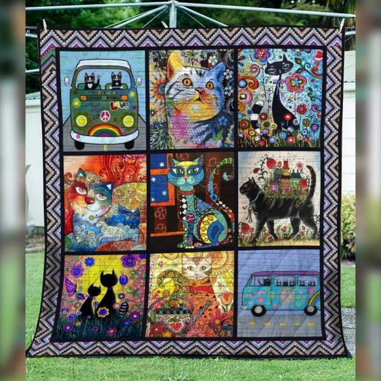 Hippie Cat Quilt Blanket Quilt and Home Decor