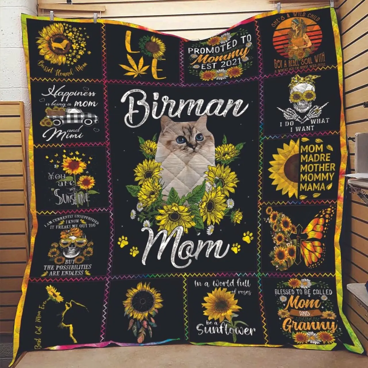 Hippie Sunflowers Cat Birman Mom Quilt and Home Decor