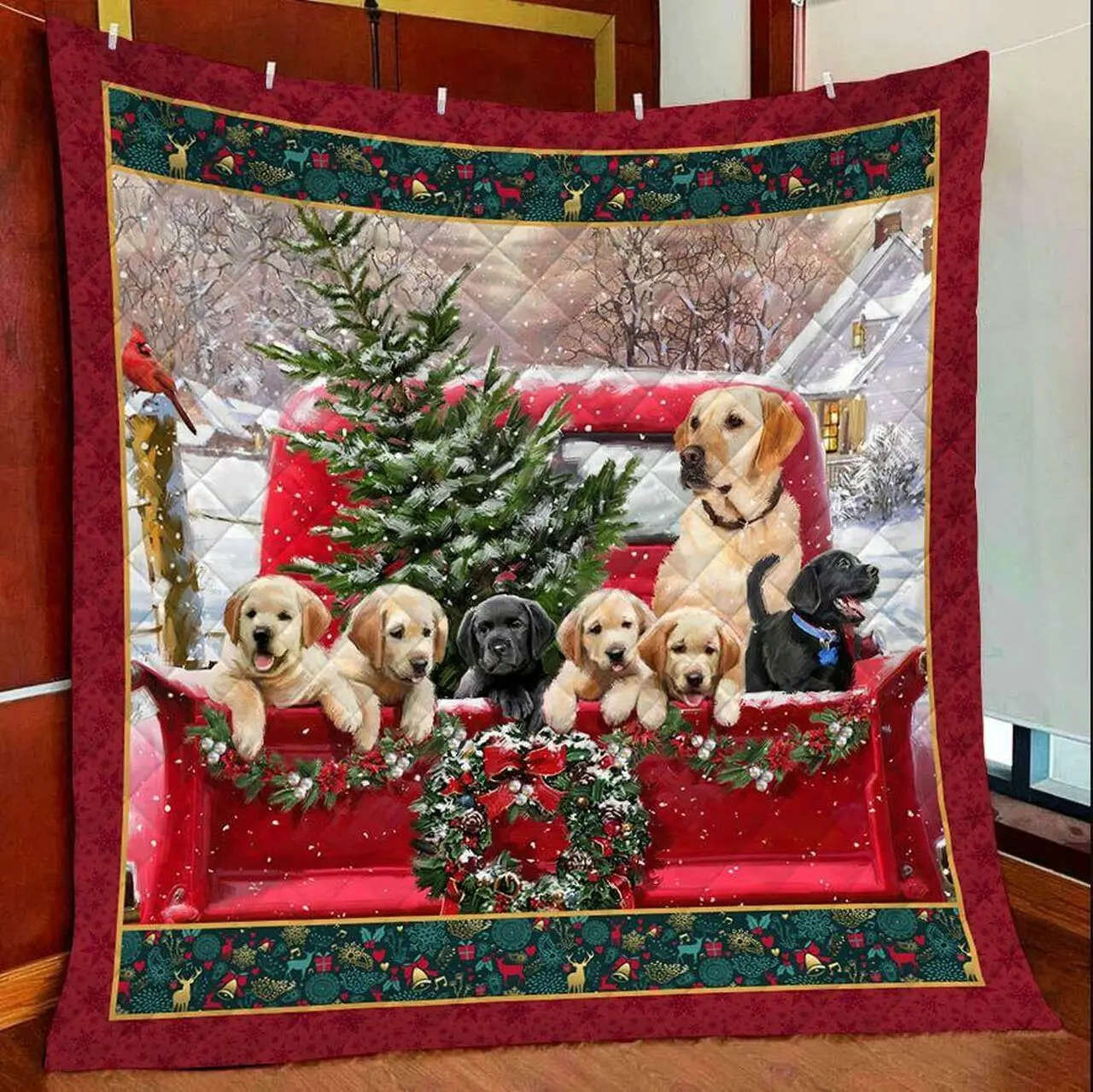 Labrador Retriever Christmas Car – Quilt Blanket and Home Decor