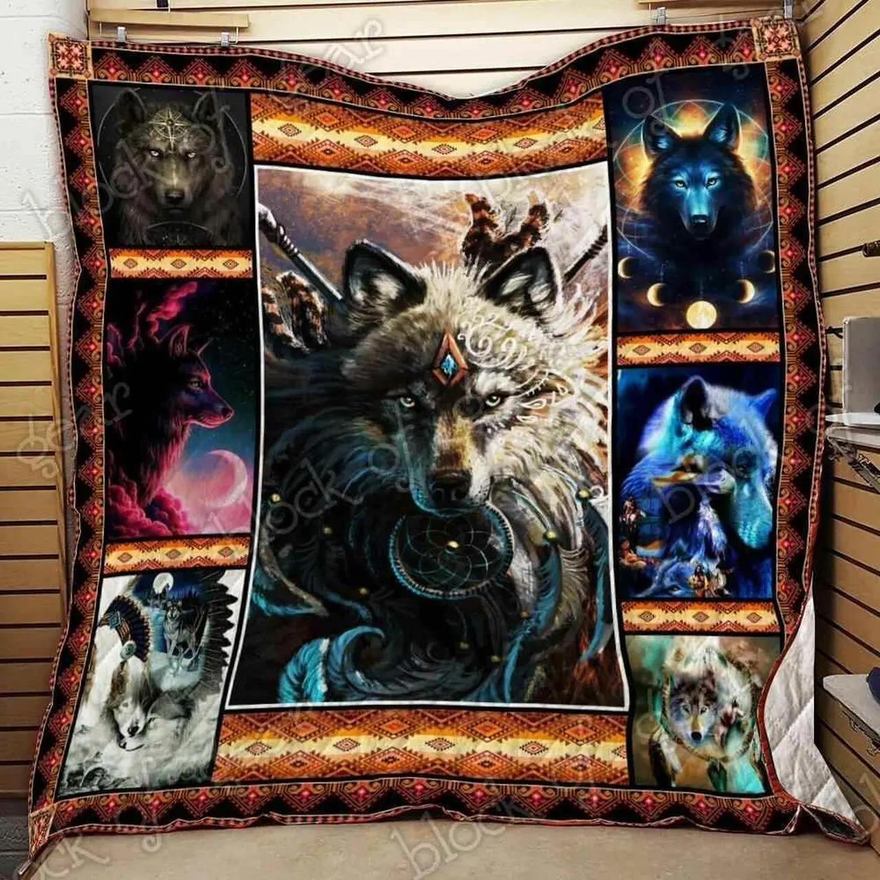 Native American Wolf Blanket Kc1507 Quilt and Home Decor