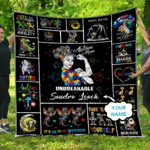 Personalized Custom Name Autism Mom Unbreakable Quilt Blanket and Home Decor