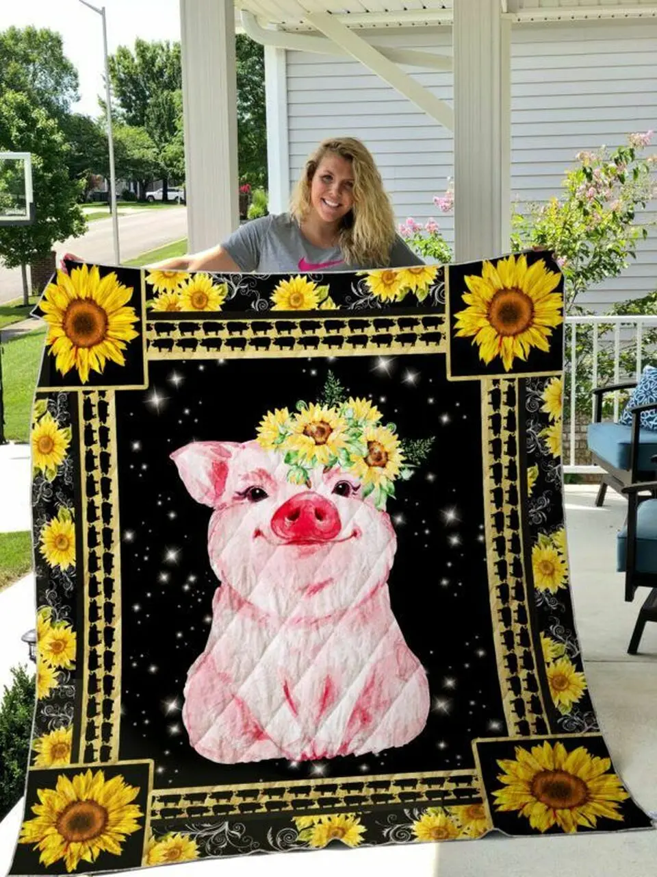 Pig Sunflower Cl14100410Mdq Quilt Blanket and Home Decor
