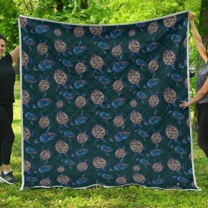Sea Turtle Hand Drawn Blue 3D Customized Quilt and Home Decor