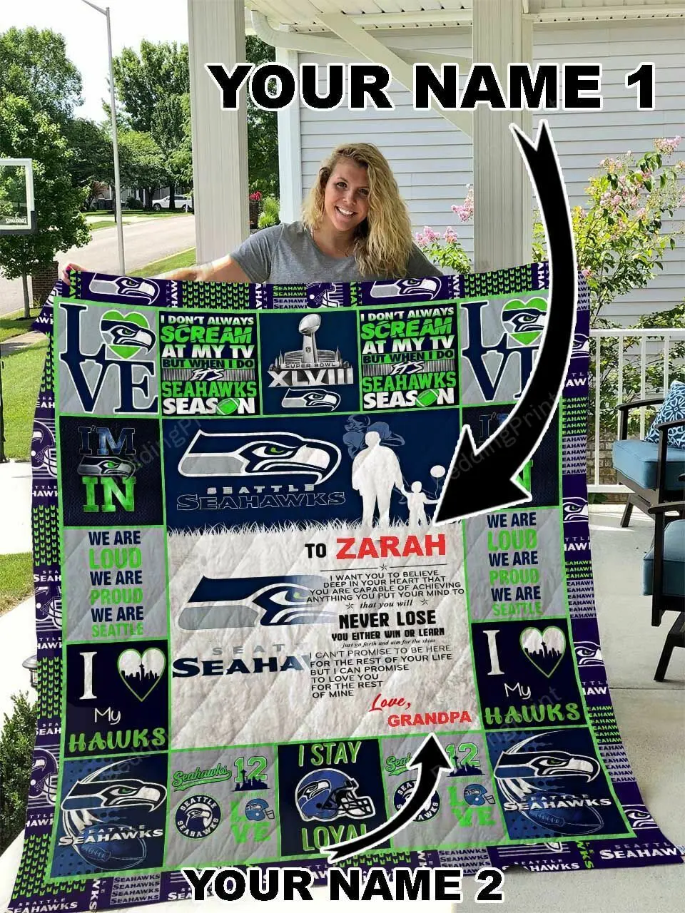 Seattle Seahawks Personalized Name Quilt Blanket and Home Decor
