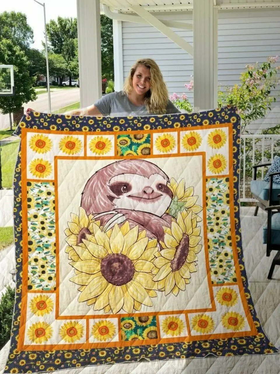 Sloth Sunflower Cl14100451Mdq Quilt Blanket and Home Decor