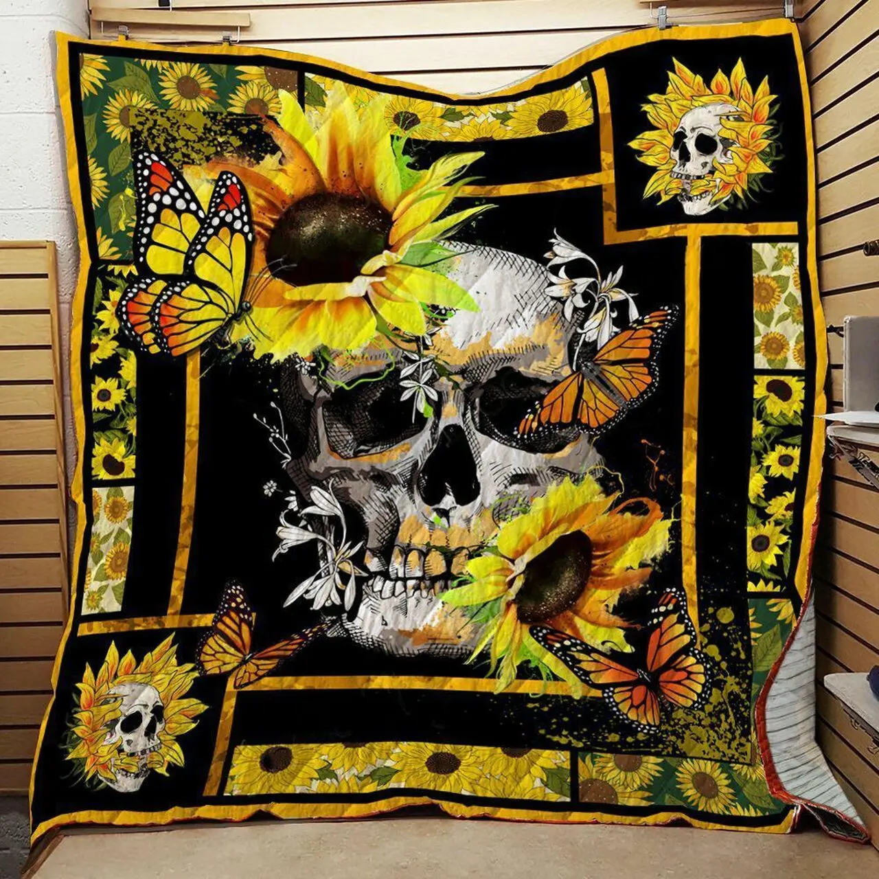Sunflower Skull Quilt Blanket and Home Decor