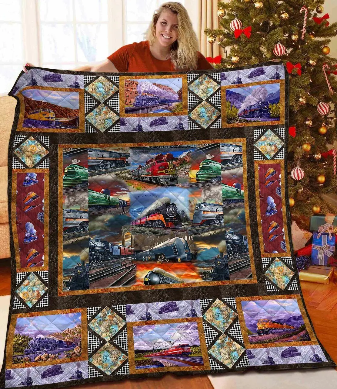 Train Quilt Blanket and Home Decor
