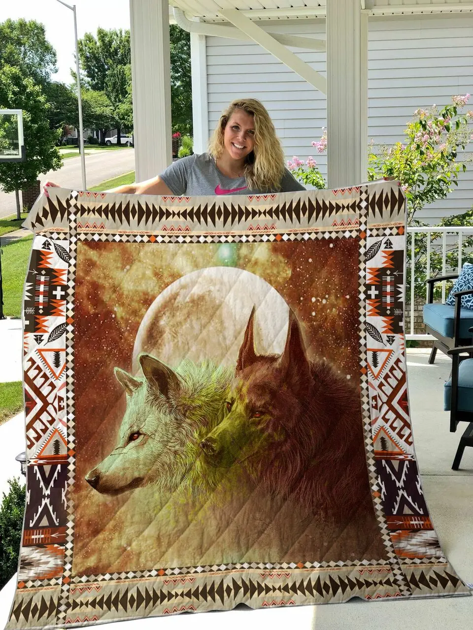 Two Wolves And The Moon Quilt Blanket and Home Decor
