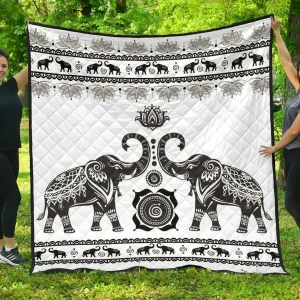 White Mandala Elephant Quilt Quilt and Home Decor