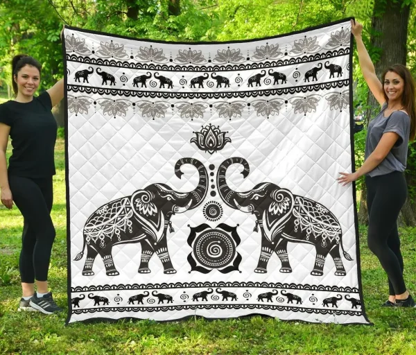 White Mandala Elephant Quilt Quilt and Home Decor
